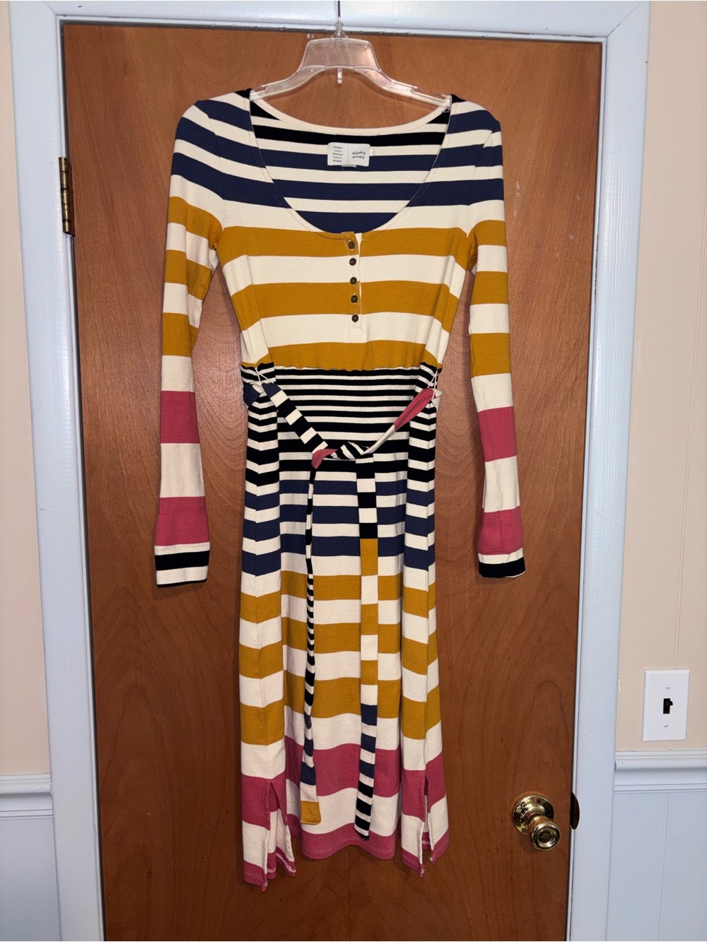 Striped Long-Sleeve Scoop-Neck Midi Dress in Mustard, Navy & Pink Anthropology